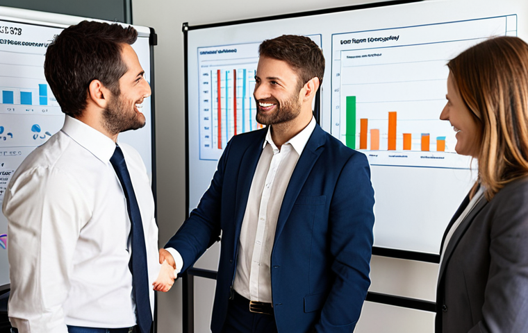 **
A successful entrepreneur in a modern office, confidently shaking hands with their *asesor fiscal* (tax advisor). Behind them, a whiteboard displays project timelines and financial charts. The atmosphere is professional and collaborative. Focus on conveying trust and strategic partnership. The scene should evoke a sense of financial security and optimized business growth. Use warm, inviting lighting.
**