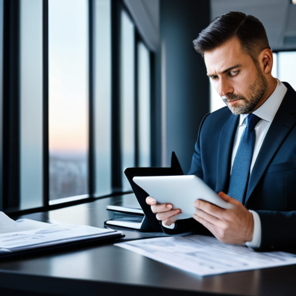 A male entrepreneur, mid-career, wearing a professional, dark business suit and a clean white shirt, looking contemplatively at a complex financial document on a modern tablet in a well-lit, contemporary office. Piles of neatly organized but numerous financial reports are visible on the desk, suggesting the vastness of corporate tax regulations. The background shows blurred city lights through a large window, conveying a sense of scale. The subject has a natural pose, perfect anatomy, and well-formed hands, proper finger count. This image is safe for work, appropriate content, fully clothed, and professional.