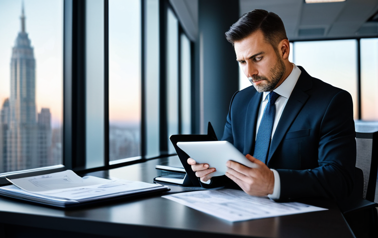 A male entrepreneur, mid-career, wearing a professional, dark business suit and a clean white shirt, looking contemplatively at a complex financial document on a modern tablet in a well-lit, contemporary office. Piles of neatly organized but numerous financial reports are visible on the desk, suggesting the vastness of corporate tax regulations. The background shows blurred city lights through a large window, conveying a sense of scale. The subject has a natural pose, perfect anatomy, and well-formed hands, proper finger count. This image is safe for work, appropriate content, fully clothed, and professional.