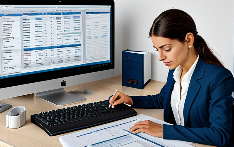 **

"A tidy and organized office workspace in Spain, featuring a businesswoman in a modest professional suit reviewing financial documents and using accounting software, calculator on desk. Safe for work, fully clothed, appropriate content, professional environment, perfect anatomy, natural proportions, family-friendly, high-quality rendering, realistic lighting."

**