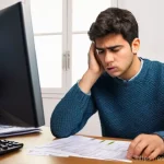 세무사와 임대 소득 세금 신고 - **Prompt:** A young adult, looking overwhelmed and slightly frustrated, sits at a wooden desk clutte...
