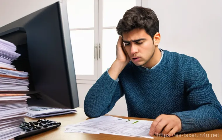 세무사와 임대 소득 세금 신고 - **Prompt:** A young adult, looking overwhelmed and slightly frustrated, sits at a wooden desk clutte...